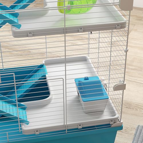 PawHut 6 Tier Small Animal Cage with Tubes, Exercise Wheel, Hut, Water Bottle, Food Dish, Ramps for Dwarf Hamster, 58 x 36 x 81 cm, Light Blue - Image 9