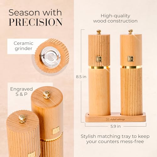 Styled Settings Wooden Salt and Pepper Grinder Set with Gold Accents – Refillable Wooden Manual Salt and Pepper Mill Set with Adjustable Ceramic Mills & Matching Wood Stand - Ideal for Gifting - Image 6