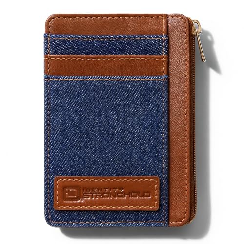 Image of ID Stronghold RFID Blocking Front Pocket Wallet - Slim Minimalist Genuine Leather Wallet with Zipper Coin Pocket (Denim)