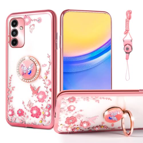 nancheng for Samsung Galaxy A15 5G / Gabb Phone 4 Pro Phone Case Cute Girls Women Soft Silicone Case with Ring Stand Strap Lanyard Shockproof Protection Cover - Rose Butterfly