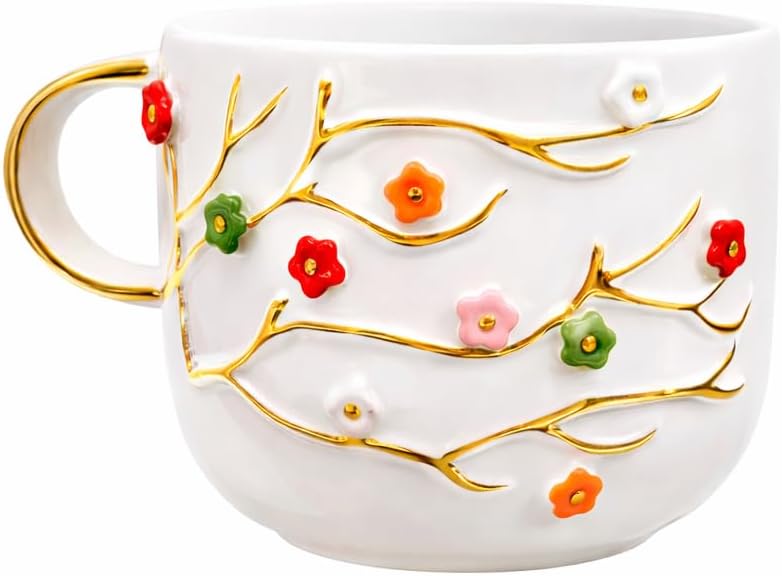 Handmade Floral Ceramic Mug Gift Set – 12 oz Artisan Coffee Mug with Crochet Flower Coaster, Herbal Tea, Candle & Honey Dipper – Self Care Gift Box for Women, Birthday, Mother's Day, Relaxation Gift