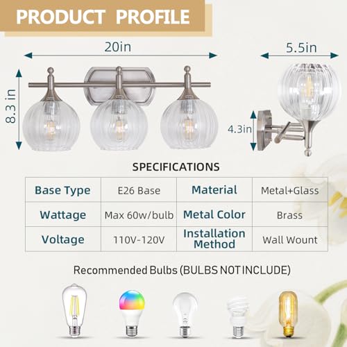 Image of Bathroom Vanity Light Brushed Nickel Bathroom Light Fixtures with Clear Glass Shade Hardwired E26 Base(Max 60W) Chrome Modern 3-Light Vanity Lights