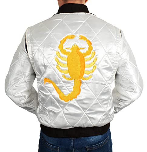 Mens Satin White Varsity Outerwear Bomber - Scorpion Logo Quilted Vintage Jacket - Lightweigth satin Bomber Jacket