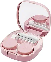 Estojo de lente de contato com aplicador de tamanho de viagem, kit de ferramentas de remoção com espelho e frasco de solução (rosa)