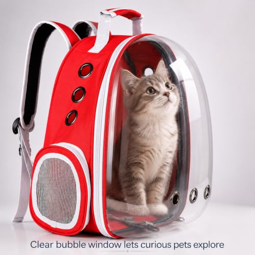 Image of Large Cat Backpack Carrier ExpandablePet Carrier Backpack for Small Medium Cats Fit Up to 18 Lbs, Foldable Puppy Backpack Carrier for Travel,Hiking (Red, Bubble)
