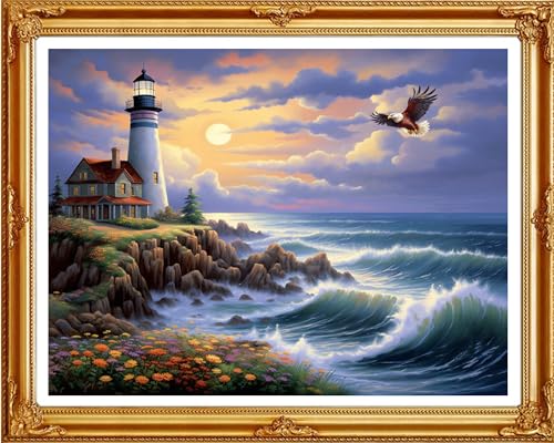 Image of Redxing Stamped Cross Stitch Kits Full Range of Embroidery Starter Kits- Needlepoint Counted Cross Stitch Kits for Beginner Adults 11CT Printed Embroidery Kit-Seaside Lighthouse 16x20 inch