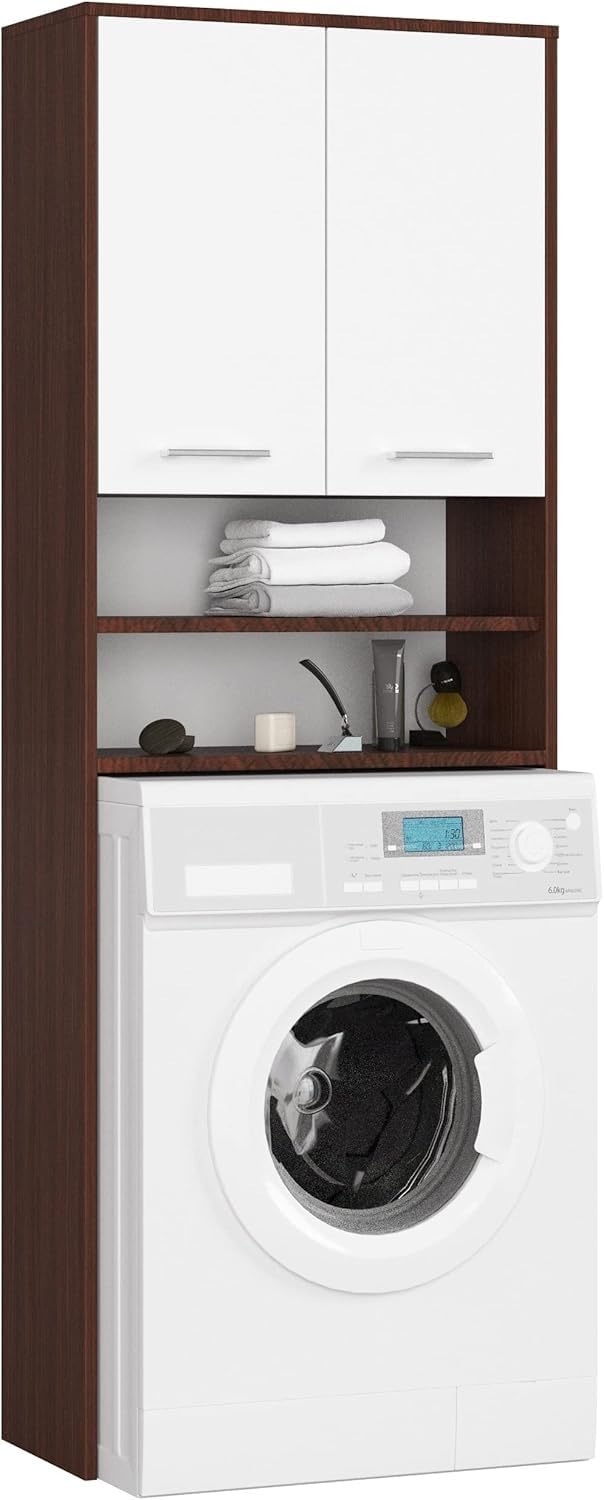 VBChome Wasmachinekast, 64 x 30 x 90 cm, wit, mat, 2 deuren met hangkast, badkamerkast, wandkast boven de wasmachine, badkamer, praktisch, wasmachinekast, mat wit