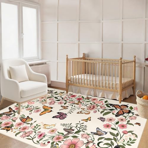 Floral Butterfly Rug 3'×5' - Washable Rug for Living Room Boho Beige Floral Carpet for Dining Room Door Mat Indoor Entrance 3'×5' Rugs Butterfly Mats