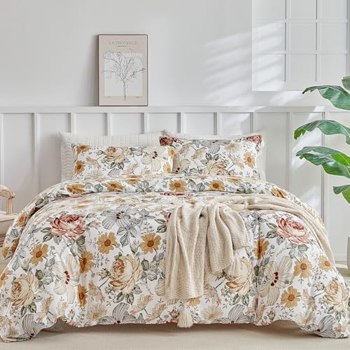 Image of Lekesky Queen Duvet Cover Set, Reversible Vintage Flowers Print Comforter Cover Queen Size 3pc, Soft 100% Washed Microfiber Breathable Bedding Sets with Zipper Ties and 2 Pillowcases
