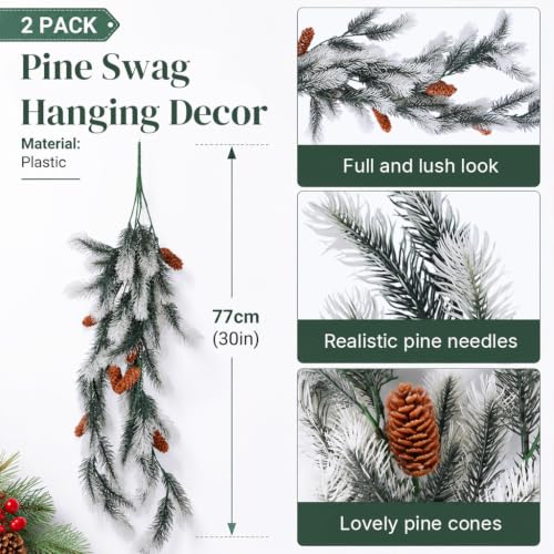 Image of HASTHIP 2Pcs Artificial Christmas Teardrop Swags with Pine Cones