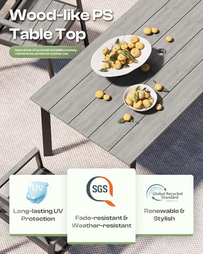 Image of 67 inch*32.3 inch*29.5 inch Patio Dining Table, Seamless Rectangle Aluminum + HDPS Outdoor Patio Dining Table with Umbrella Hole, Weather-Resistant for Lawn, Garden, Yard and Indoor Use (Gray)
