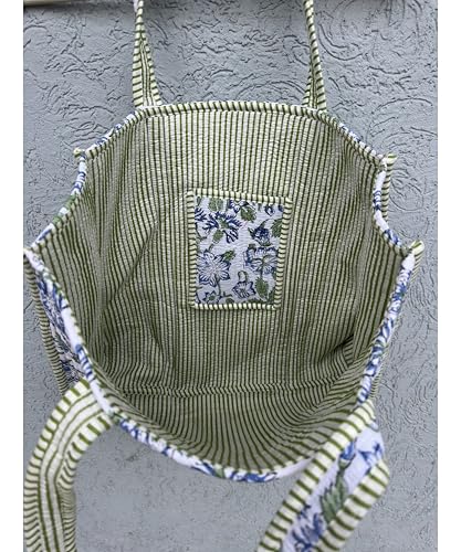 Image of Quilted Cotton Hand printed Reversible Large multicolor cotton Tote Bag,Indian Handmade Block Printed Tote Bag Women Handbag