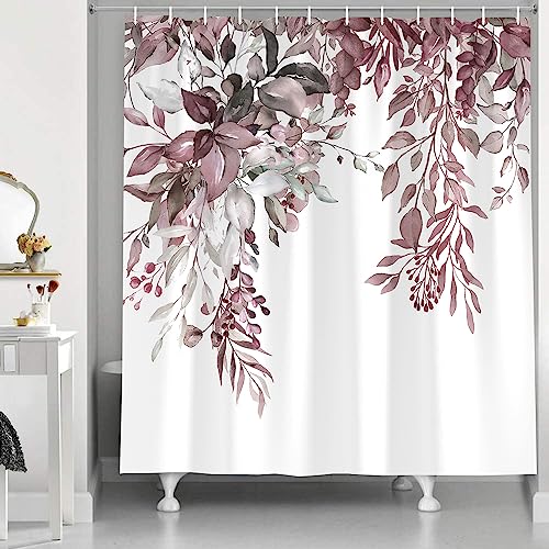 Zrofull Pink Eucalyptus Shower Curtain, Watercolor Plant Leaves With Floral Bathroom Decor Waterproof Fabric White Background Shower Curtain With Hooks 72X72 Inch #TOP3