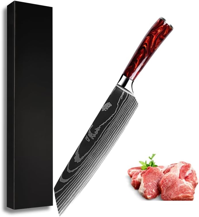 Cuchillo de chef profesional súper afilado con reposamanos para los dedos, cuchillos de chef de 7 pulgadas, acero inoxidable de alto carbono, los