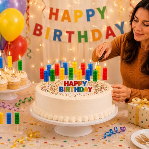 Image of BBTO 8 Pcs Building Block Candles Brick Birthday Cake Candles Topper Sparkler Novelty Decor Building Block Construction Party Themed Decoration Favor for Birthday Baby Shower Summer Party Supplies