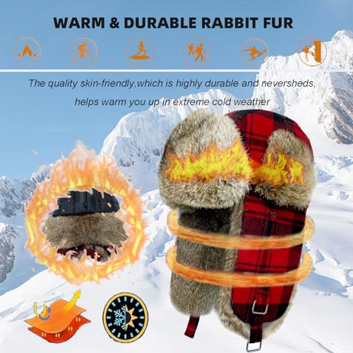 Image of Winter Trapper Hat for Men Women Warm Soft Russian Ushanka Hat Real Rabbit Fur Aviator Bomber Hats Winter Hats with Ear Flaps