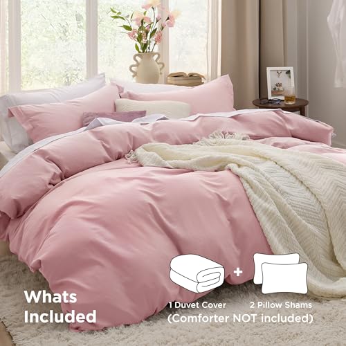 Image of Bedsure Pink Duvet Cover Full Size - 3 Pieces Prewashed Extra Soft Cotton-Like Polyester Bedding Set, Includes 1 Duvet Cover 80x90 Inches with Zipper Closure & 2 Pillow Shams, Comforter Not Included