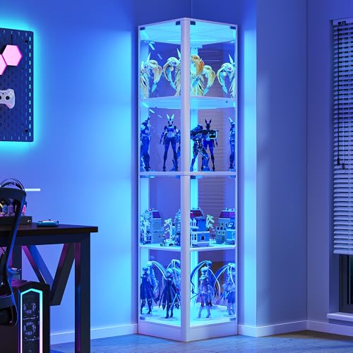 FREDEES Vitrine mit Glastüren, Eck-Kuriositätenschränke mit LED-Beleuchtung, 4-stöckige Glasvitrine für Sammlerstücke/Spielzeug/Bücher, Verspiegelter Aufbewahrungsschrank, Weiß