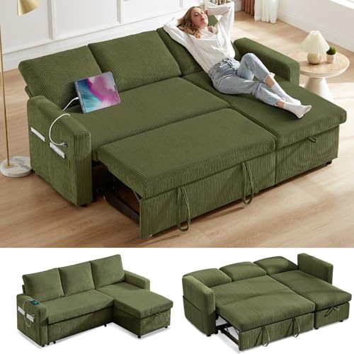 Vipbear 81' Sleeper Sofa Bed with Pull Out Bed, L Shaped Couch Sectional Sleeper Sofa, Pull Out Couch with Reclining Backrest, Reversible Storage Chaise, USB Ports, Tool-Free Assembly, Corduroy Green