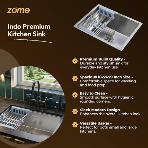 Image of ZOME Indo Premium Kitchen Sink (24 X 18 Inches) | Stainless Steel Single Bowl, Heavy Duty, Anti-Rust, Sound-Dampening Sink for Modern Kitchens | Easy Clean, Perfect for Daily Use