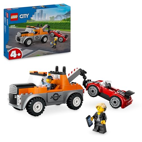 Lego City Tow Truck with Sports Car, Toy Car for Boys and Girls from 4 Years, Birthday Gift for Children, Truck Toy with 2 Mini Figures and Accessories Such as a Cochlear Implant 60435