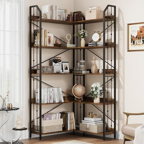 GarveeHome Corner Bookshelf 72' L Shaped Bookcase, Corner Bookshelves Industrial Bookcase 5 Tier L-Shape Bookshelf, Large Bookcases with Beaded Design Tall Display Rack Shelf for Living Room Bedroom