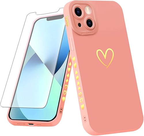 Skyseaco Funda compatible con iPhone 13 con protector de pantalla, diseño de corazón dorado de lujo, funda de silicona suave a prueba de golpes,