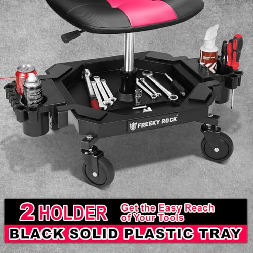 Image of Rolling Stool with Wheels, Adjustable Height Pneumatic Garage Work Mechanic Stool Seat with Backrest, 400 LBS Capacity 360 Swivel Mechanic Crepper Chair with Tool Tray Storage, Pink