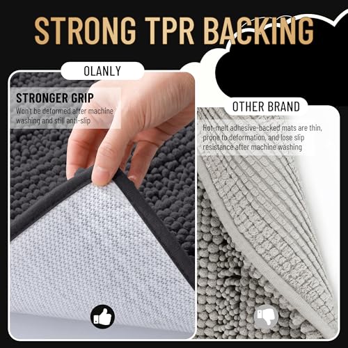 Image of OLANLY Thick Large Bathroom Rugs 44x32, Extra Soft Absorbent Chenille Striped Bath Rugs, Rubber Backing, Machine Wash, Bath Mats for Bathroom Floor, Tub and Shower, Home Decor Accessories, Dark Grey