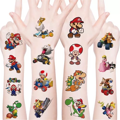 20Pcs Cartoon Super Mario Temporary Tattoos Birthday Themed Party Supplies Decoration Favors Cartoon Cute Waterproof Sticker for Kids Boys Home Activity Class Prizes Christmas Rewards (Mla)