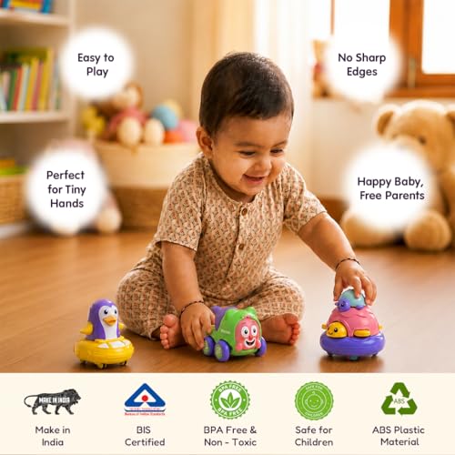 Image of Friction Powered Toy Pack of 3 for Kids with Topsy Turtle, Penguin & Carnival Car Characters with Whistle,Best Gift for Kids, 3+ Years