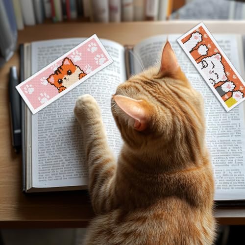 Image of INFUNLY 6pcs Cartoon Cat DIY Cross Stitch Bookmark Kits for Beginner 8.66 inchx3.15 inch Cute Kitten Stamped Embroidery Kit with Instruction Pussycat Printed Bookmark Kits for Cat Lovers Book Readers Writers