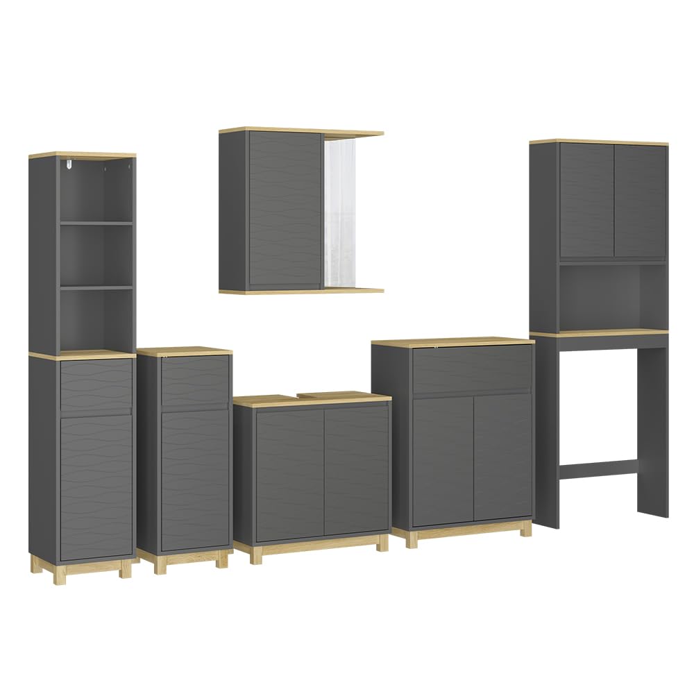 Vicco Set di mobili da bagno Livia, Antracite/​quercia, 60 cm, composto da armadietto a specchio, base lavabo, 2x colonne medie, colonna alta e mobile WC