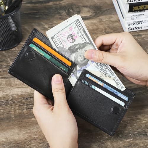 Image of Contacts Genuine Leather Wallet for Men | Slim Bifold Wallet with Magnetic Closure | 4 Card Slots & Cash Compartment | Premium Black Leather Wallet