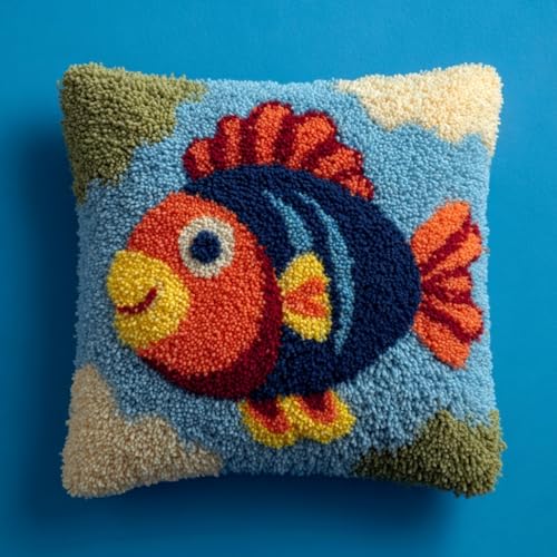 WallustrioaW kit de cojín de gancho de pestillo,kit de bordado,Pez de dibujos animados,ganchos para niños y adultos,manualidades,sofá,decoración del hogar,43x43cm