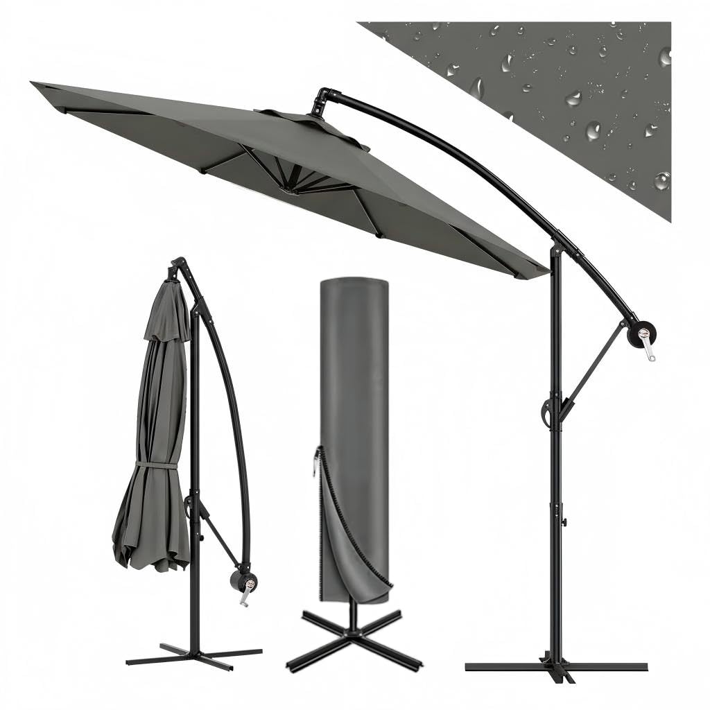 GarveeLife 3M Rotatable Cantilever Parasol, Offset Banana Patio Umbrella, UPF50+ Waterproof Fade Resistant 180PA Canopy, Crank & Tilt with Protective Cover, Brown Metal Frame for Patio, Grey