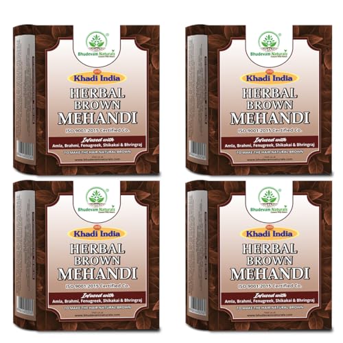 Image of Khadi Organic Brown Mehandi For Dark Brown Hair By Bhudevam Naturals | Pure Henna Powder for Lustrous Hair Color, Herbal Formula for Healthy Scalp Care - Pack of 4