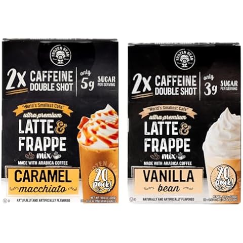The Frozen Bean Vanilla Bean + Caramel Macchiato Latte & Frappe Mix with 100% Arabica Coffee, 2X Caffeine with Low Sugar, Instant Hot/Cold Brew & More, (40 Ct) 0.53 oz Single Serve Drink Mix Sticks Cover