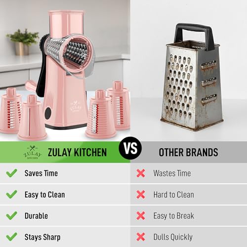 Image of Zulay Kitchen Rotary Cheese Grater 5 Blade Cheese Shredder - Manual Hand Crank Cheese Grater With Reinforced Suction & 5 Interchangeable Drums - Easy to Use, Vegetable Chopper Round Mandoline Slicer