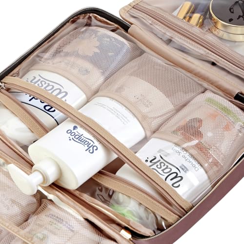Image of NISHEL Travel Toiletry Bag for women, Portable Hanging Organizer for Full-Sized Shampoo, Conditioner, Brushes Set, Makeup Accessories, Large Size, Rosewood-Pink