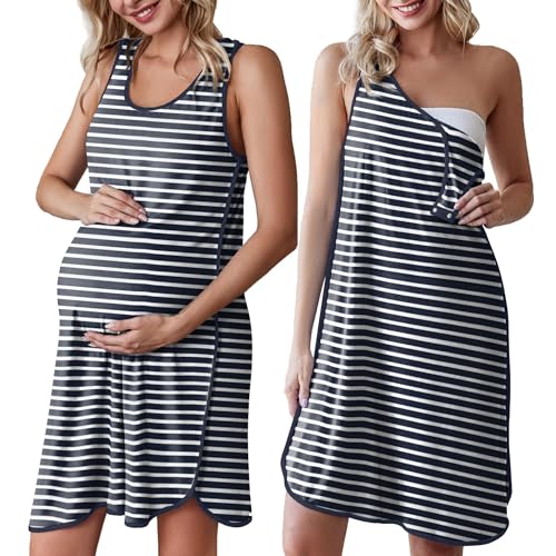 Image of Ekouaer Labor and Delivery Gown for Hospital 3 in 1 Nursing Dress Sleeveless Maternity Snap Button Breastfeeding Nightgown