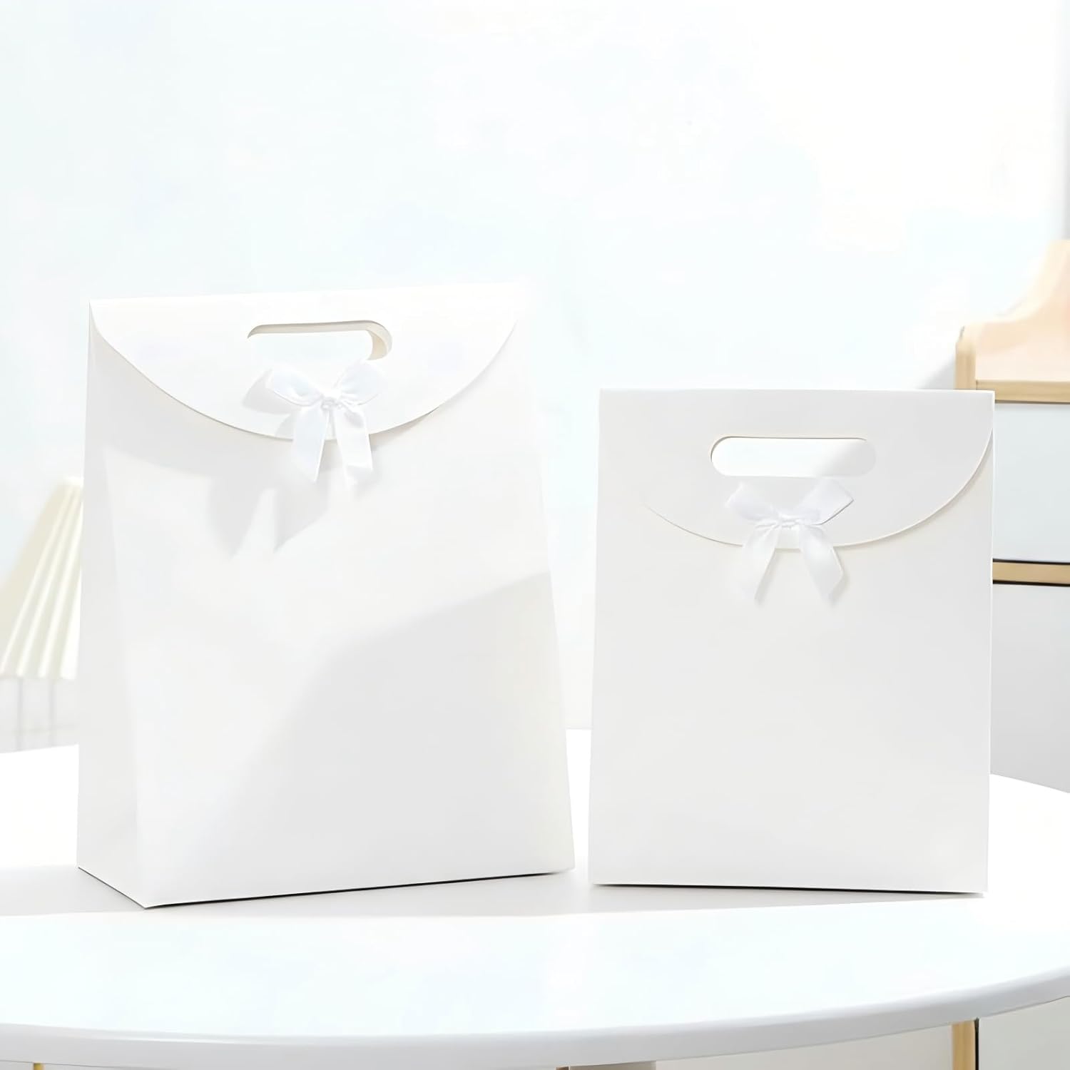12Pcs Kraft Paper Bags with Handles Gift Bags Stand Up Gift Bag with Bow Tie Gift Bag for Candy Cookies Packaging Wedding Christmas Party White 5.5"x2.8"x7.9" - Image 6