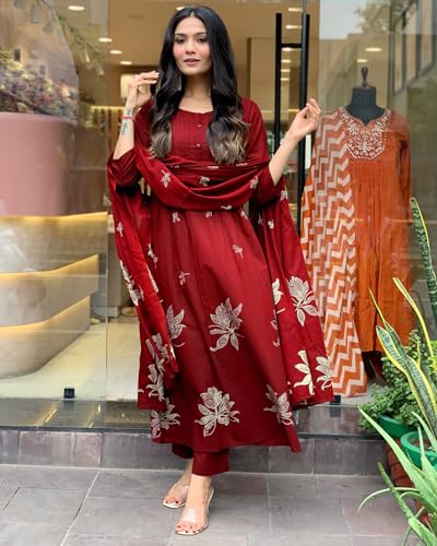 Image of GoSriKi Women's Rayon Blend Anarkali Printed Kurta with Pant & Dupatta | Ethnic Kurta Pant Dupatta Set for Women | Traditional Indian Wear Outfit