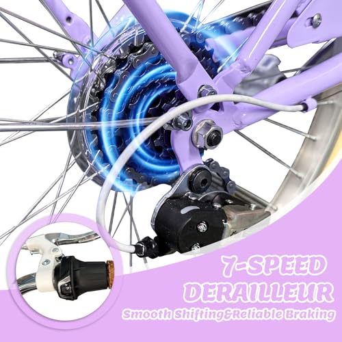 Image of XJD 20 24 26 Inch Girls Bike, 7-Speed Beach Cruiser Bike for Girls Youth and Over 6 Years Old, Kids Bicycles with Dual V-Brakes Rear Rack & Wicker Basket