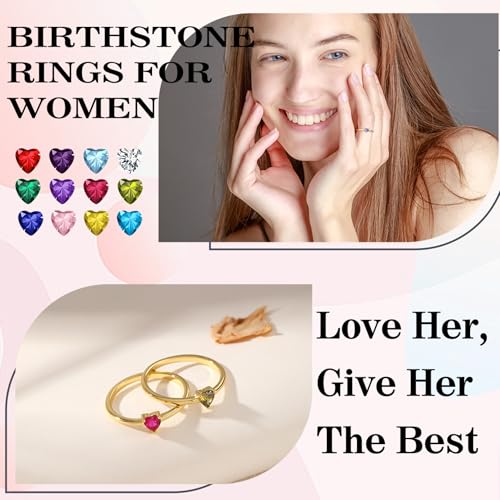 Stocking Stuffers for Teens, Birthstone Rings for Women Birthday Gifts for Teen Dainty 14K Gold Plated Rings 1-12 Months Birthstone Rings Size 5-10# Anniversary Christmas Gifts Wedding Promise Jewelry2