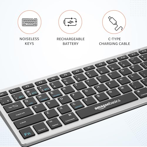 Image of amazon basics Wireless Bluetooth Keyboard | Easy Switch for Up to 3 Devices | Ideal for Tablets & Mobiles | iOS, Windows, Android Compatible | Type C Port | Noiseless Keys | 78 Keys (Black and Grey)