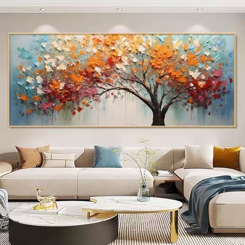 Hand-Painted Tree of Life Oil Painting on Canvas for Living Room,Frame Colorful Tree Wall Art for Bedroom,Large 3D Artwork Thick Textured Wall Decor for Office Home Decor 24x56 inches
