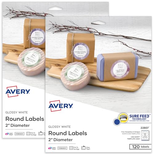 Image of Avery Printable Round Labels, Sure Feed Technology, Glossy White Labels, 2 inch Diameter, Permanent Adhesive, Laser /Inkjet, 120 Per Pack for 240 Total (2-Pack of 22807)