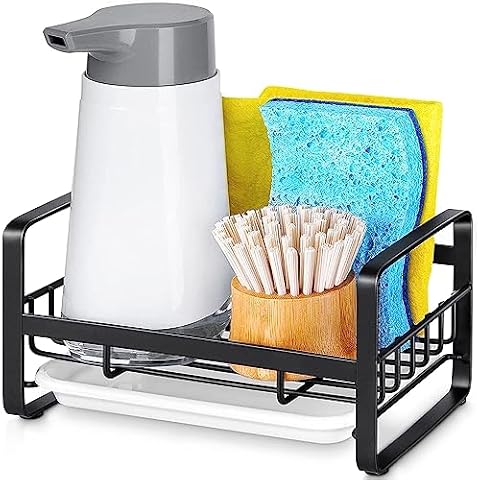 BOHK Kitchen Sink Caddy Sponge Holder 304 Stainless Steel Sink Tray Drainer Rack Soap Brush Dispenser Countertop or Adhesive Sponge Holder Organizer with Removable Drain Tray Cover