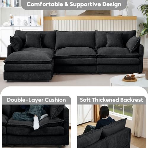 Image of 102 inch L Shaped Modular Sectional Sofa, Comfy Upholstery Chenille Cloud Couch with Ottoman, Modern 4-Seat Deep Seat Sofa with Pillow for Living Room, Bedroom, Apartment (Black)